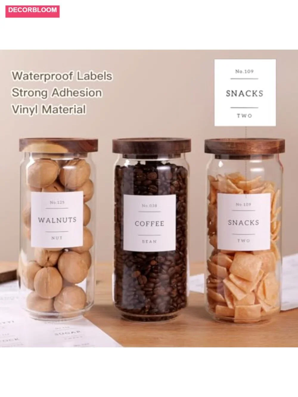 Set of 3 Glass Pantry Jars with Acacia Airtight Lids & 132 Labels